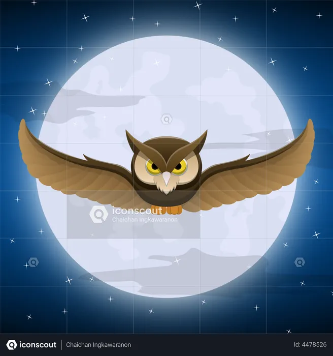 Owl flying with full moon  Illustration