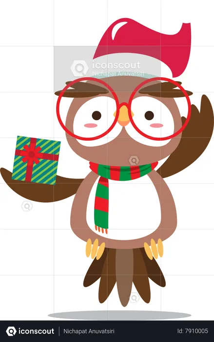 Owl with hand holding gift wearing Santa hat  Illustration