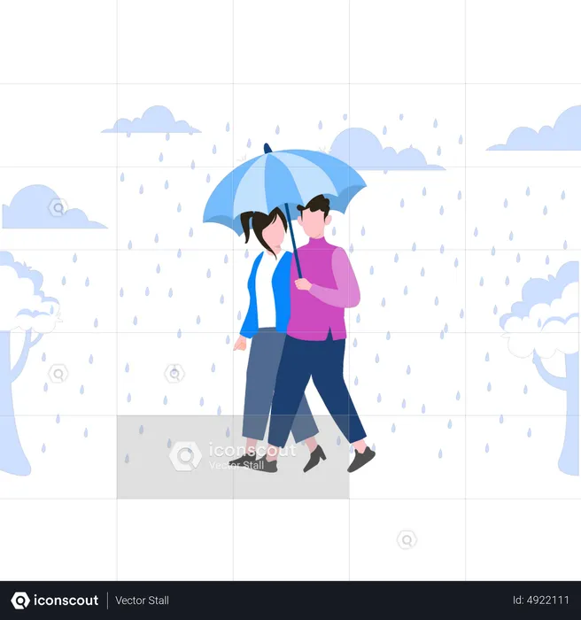 Paar geht im Regen mit Regenschirm spazieren  Illustration