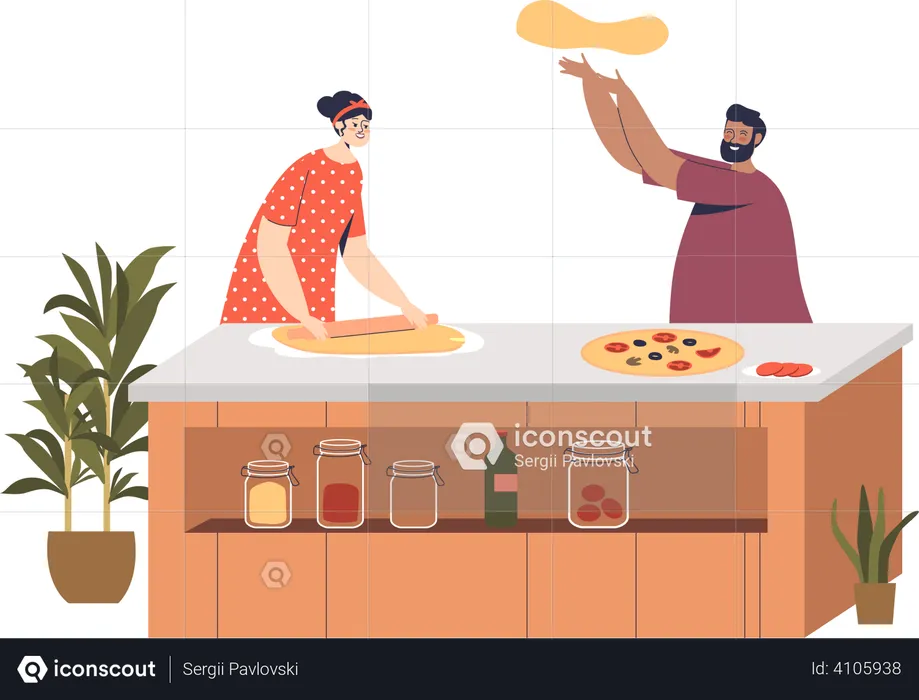 Paar kocht gemeinsam Pizza zu Hause  Illustration