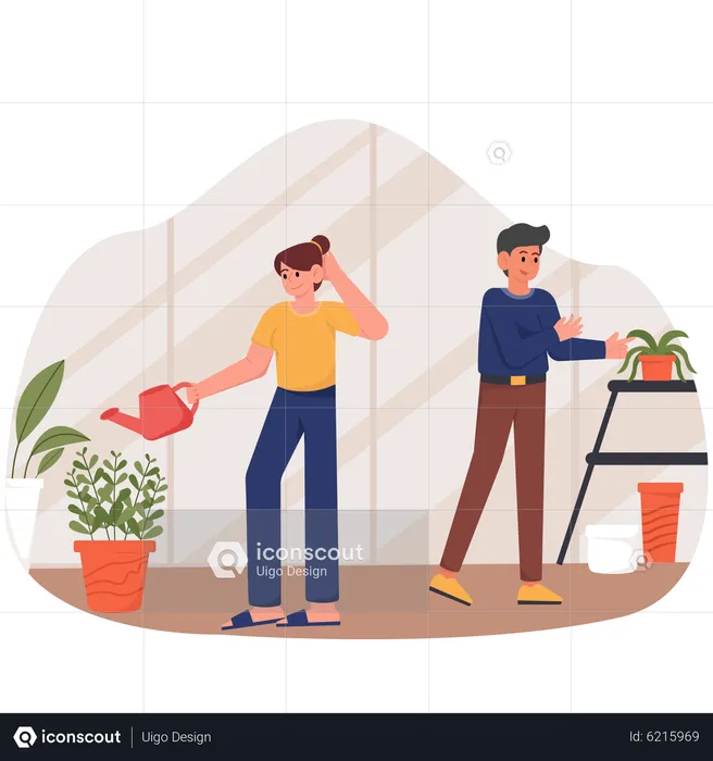 Paar kümmert sich um Zimmerpflanzen  Illustration