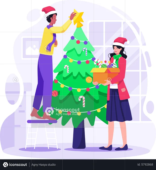 Paar schmückt gemeinsam Weihnachtsbaum zu Hause  Illustration