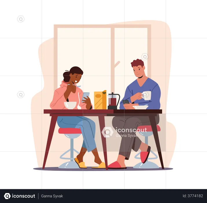 Paar sitzt mit Smartphones in den Händen am Tisch und frühstückt  Illustration