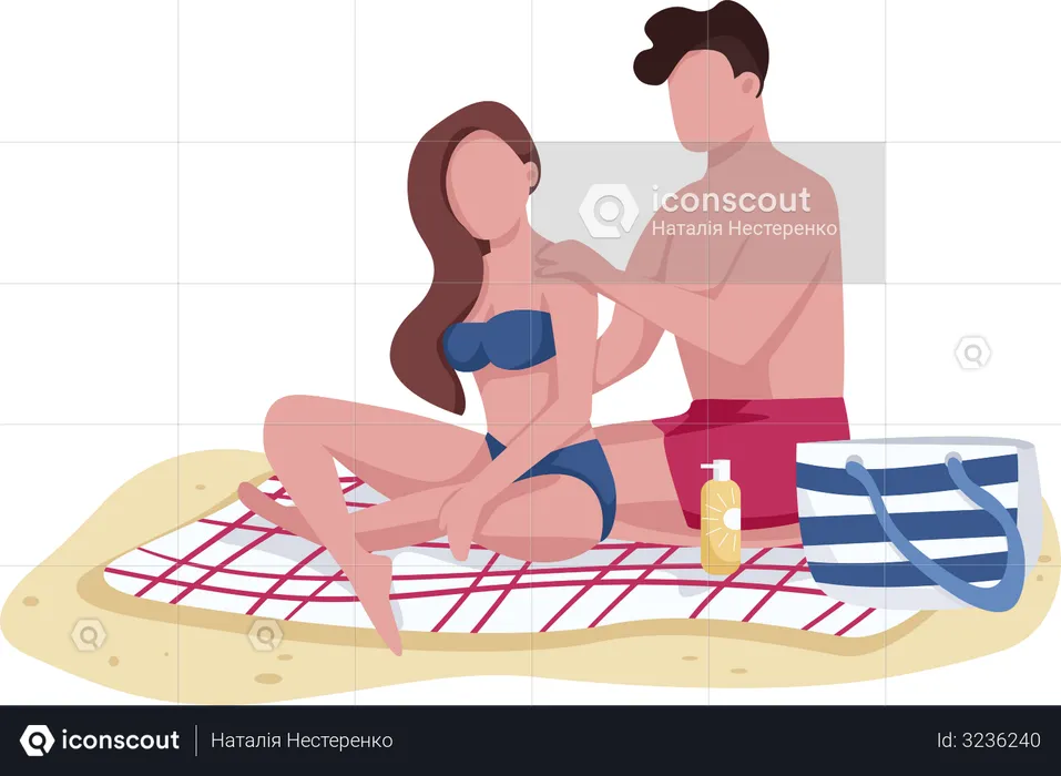 Paar trägt Sonnenschutzöl am Strand auf  Illustration