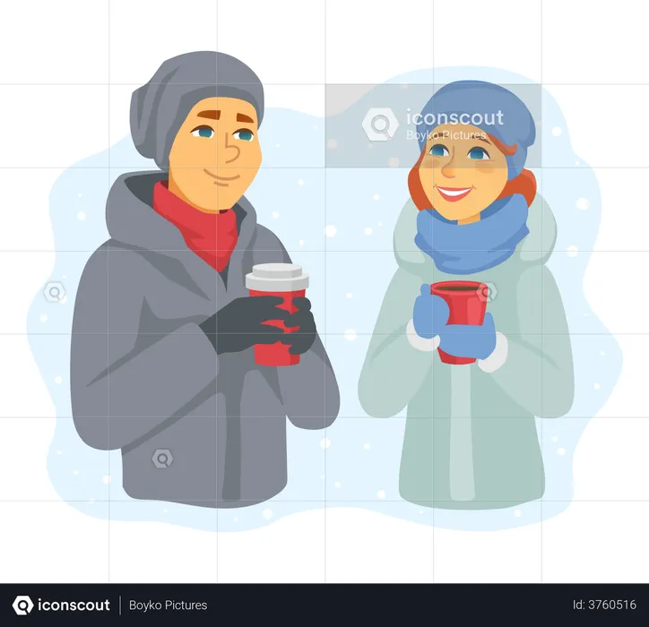 Paar trinkt Kaffee im Winter  Illustration