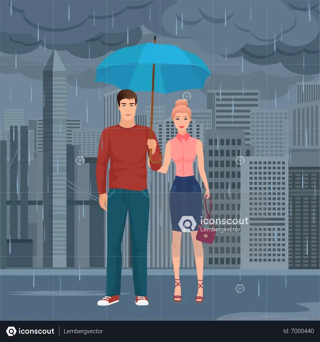 Paar unter Regenschirm im Regen  Illustration