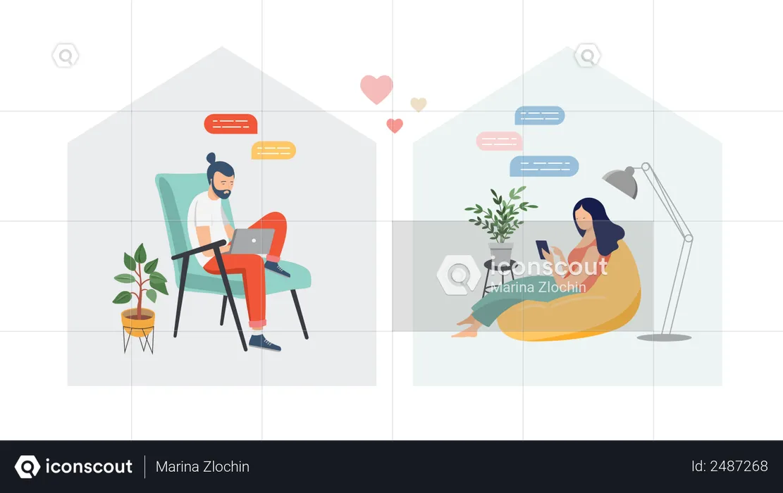 Paare mit Smartphones, Tablets und Laptops chatten online während der Selbstisolation aufgrund des Coronavirus  Illustration