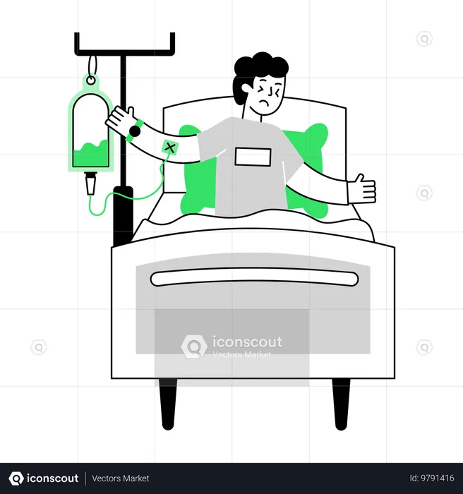 Paciente acostado en la cama de un hospital  Ilustración