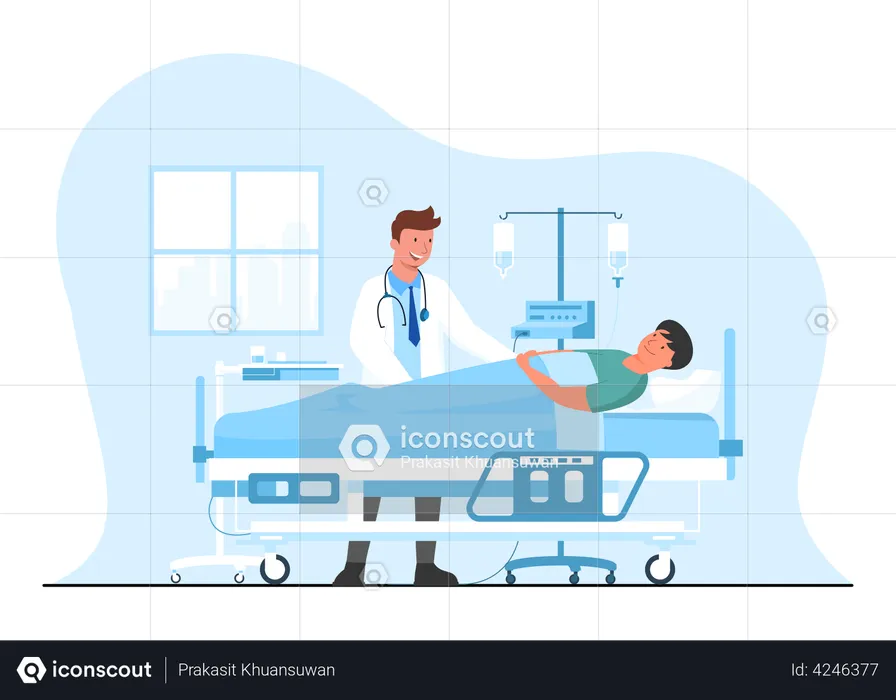 Paciente acostado en la cama de un hospital  Ilustración