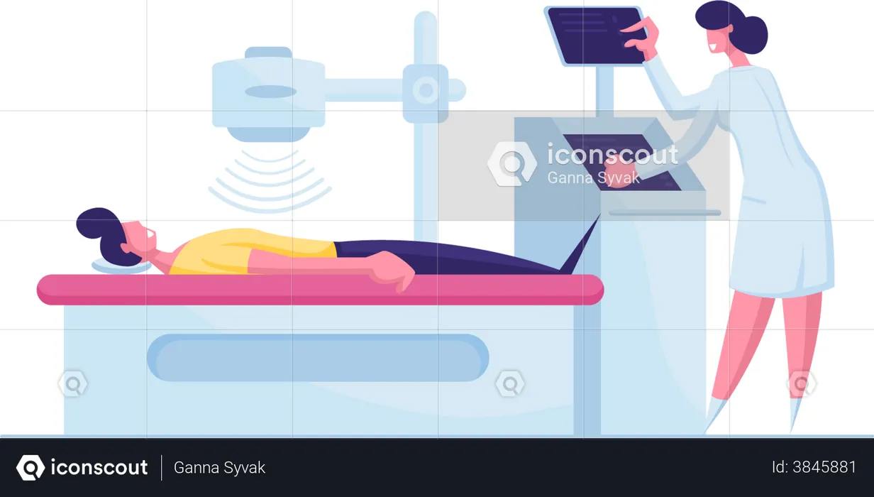 Paciente acostado en una máquina de rayos X o resonancia magnética con una enfermera  Ilustración