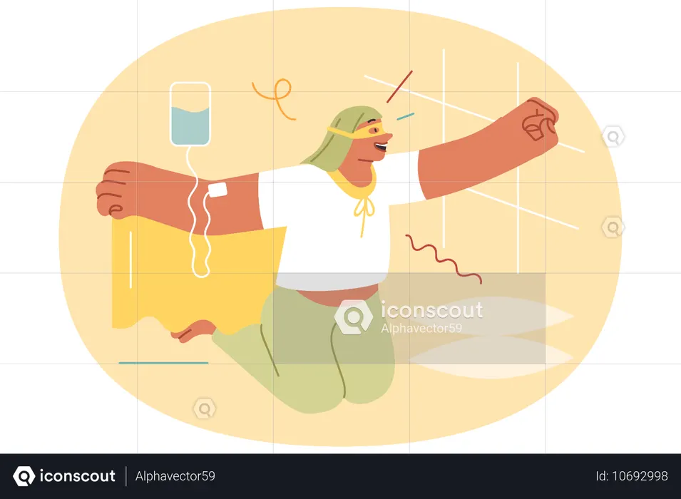 Paciente adolescente na clínica de oncologia se senta em pose de super-herói  Ilustração