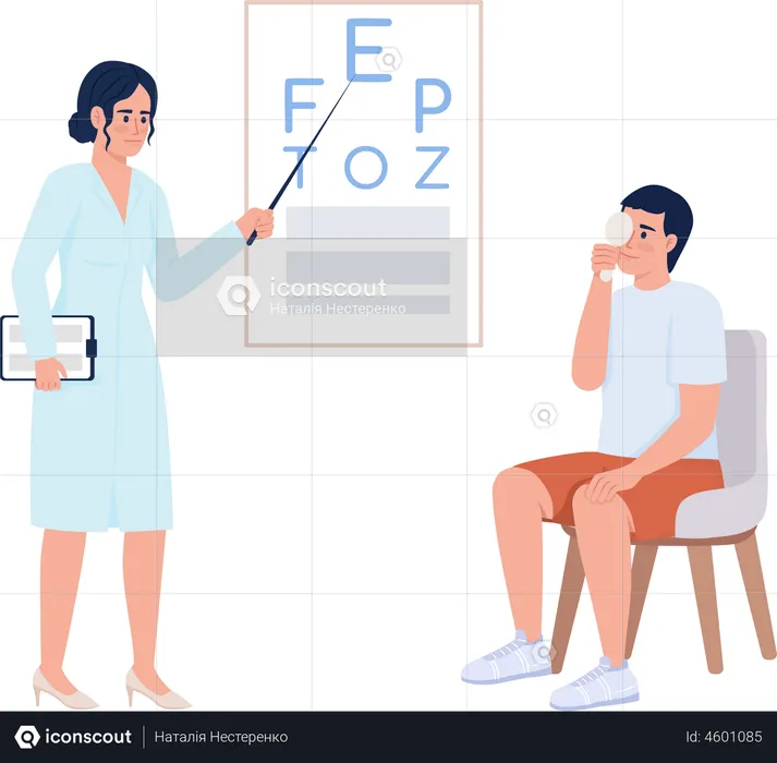 Paciente sometido a chequeo de la vista con el médico  Ilustración