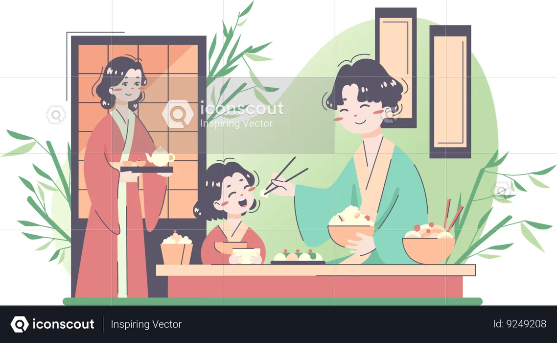 El padre japonés alimenta a su hija.  Ilustración