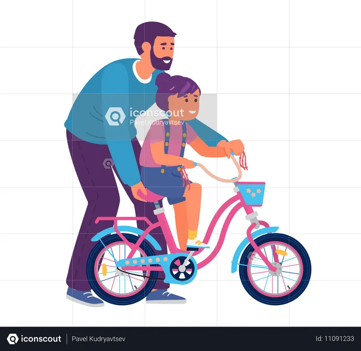 Padre ayuda al niño a montar bicicleta  Ilustración