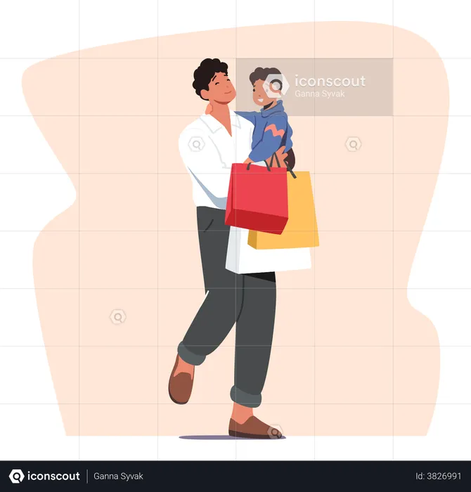 Padre con hijo pequeño en manos sosteniendo bolsas de papel coloridas  Ilustración