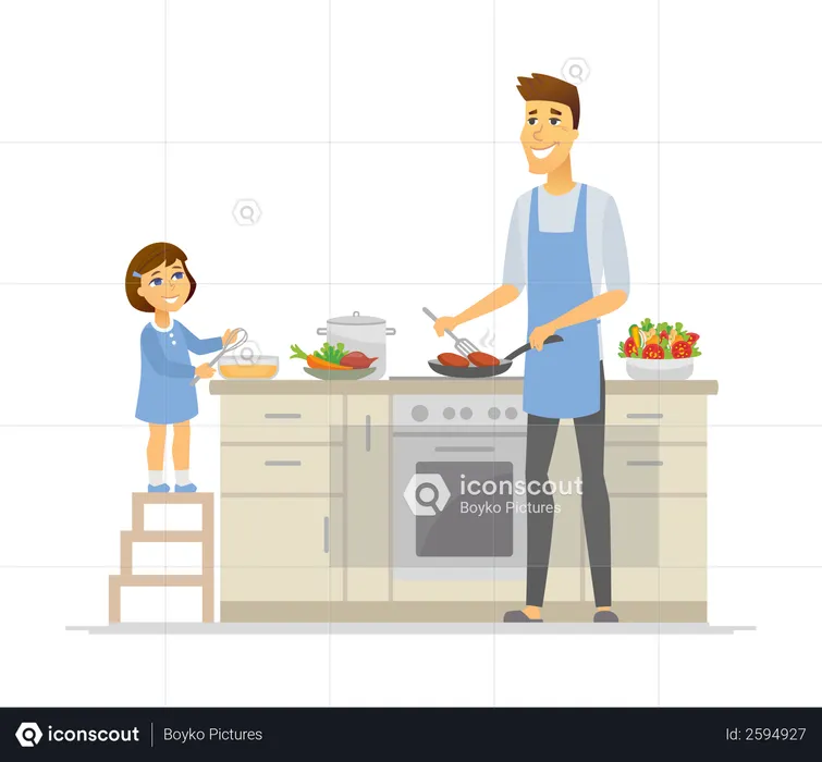 Padre e hija cocinando en la cocina.  Illustration