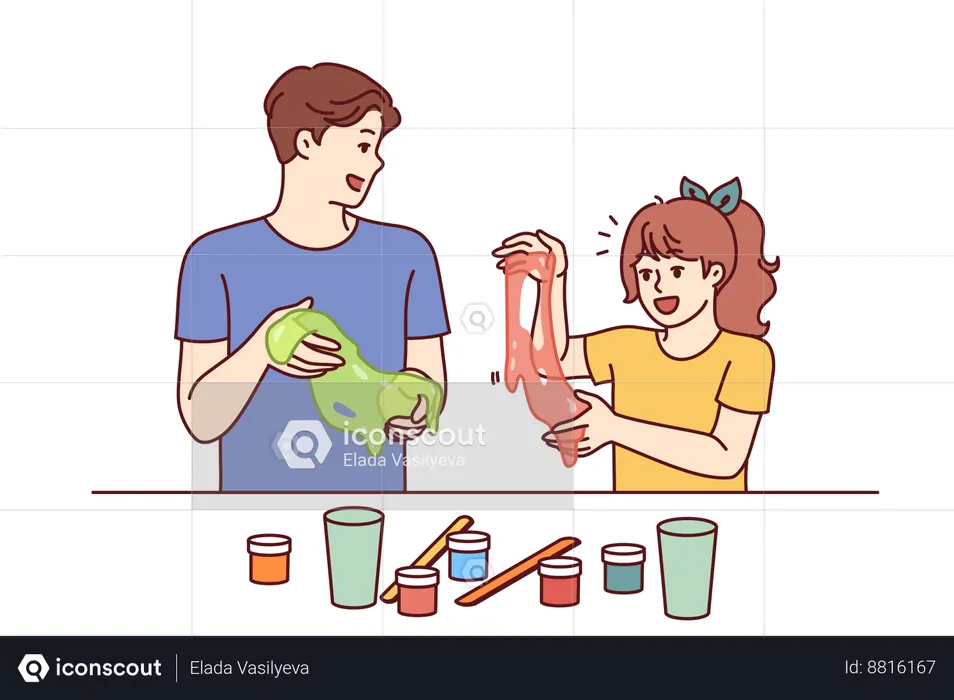 Padre e hija están realizando experimentos químicos.  Ilustración