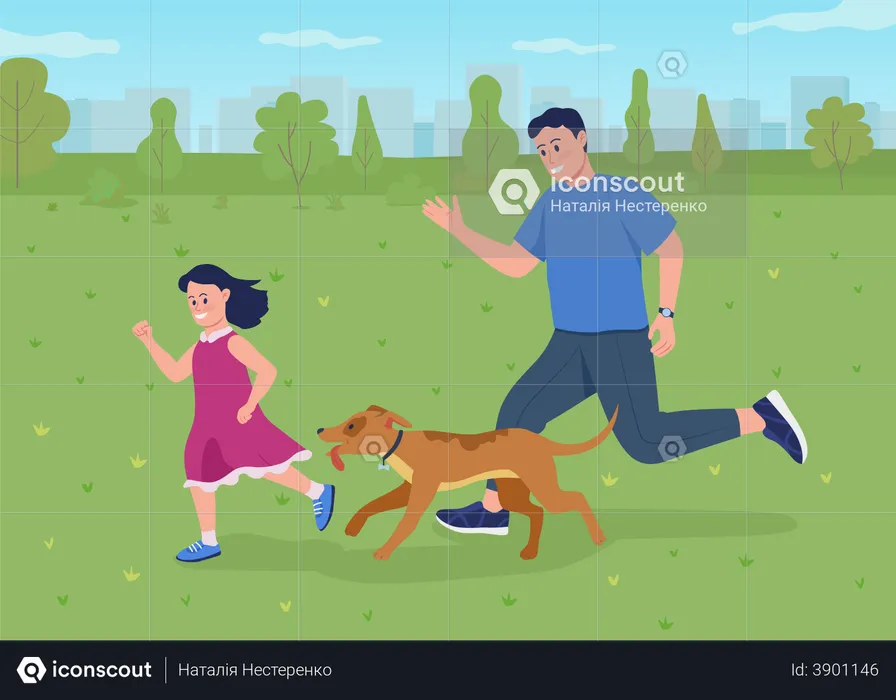 Padre e hija jugando con perro mascota  Illustration