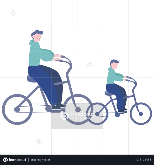 Padre e hijo andando en bicicleta  Ilustración