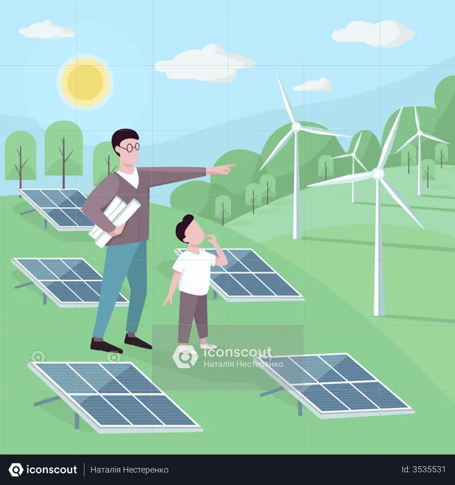 Padre e hijo en una estación de energía alternativa  Ilustración