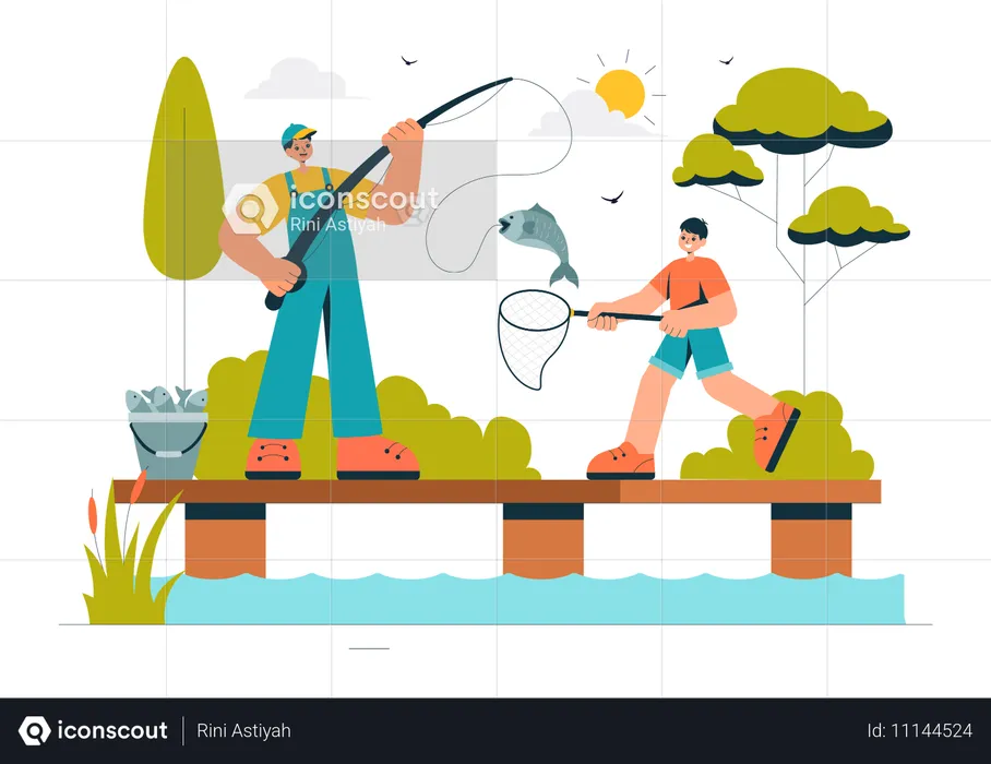 Padre e hijo pescando  Ilustración