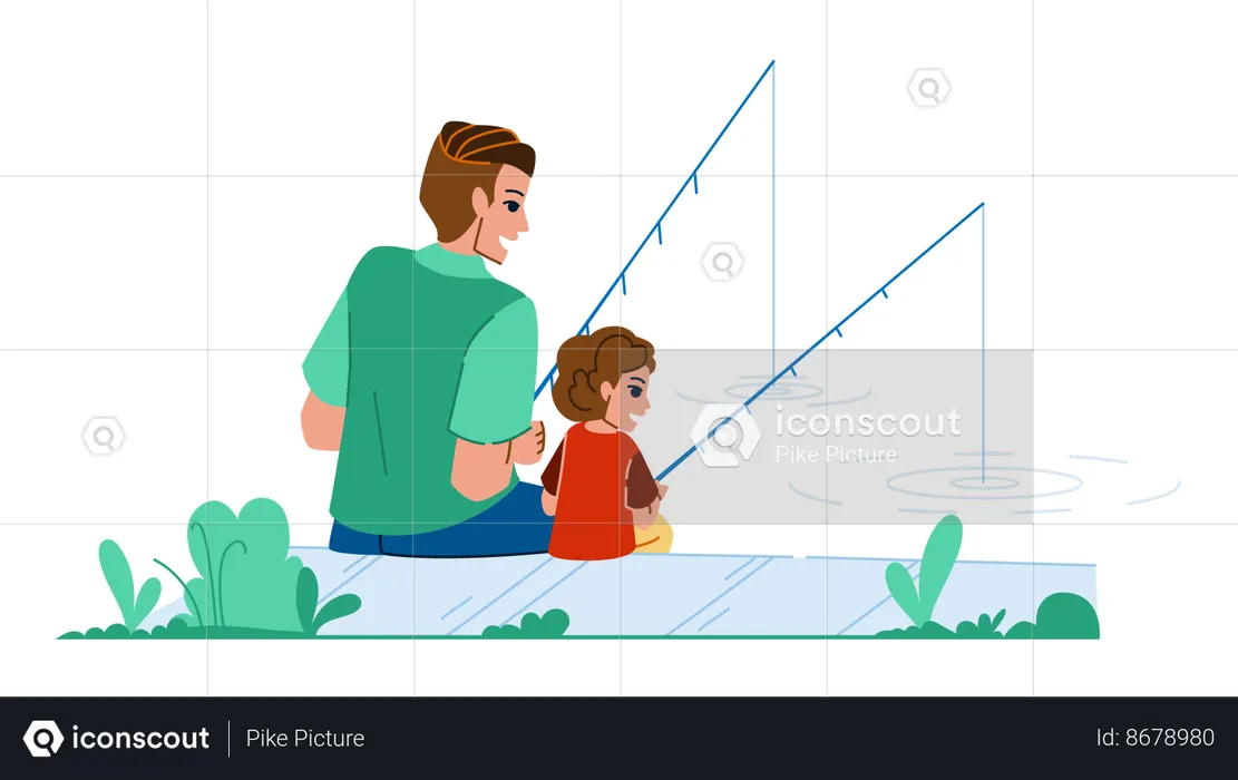 Padre e hijo pescando juntos en el lago  Ilustración