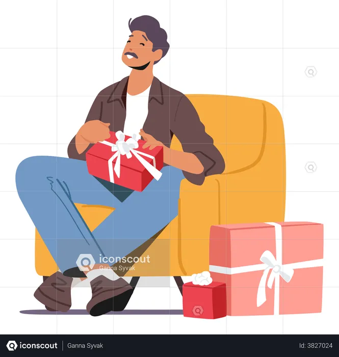 Feliz padre sentado en un sillón con caja de regalo en las manos  Ilustración