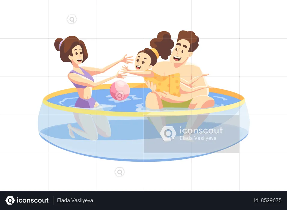 Los padres jóvenes con su hija juegan juntos con una pelota de goma en una piscina inflable  Ilustración