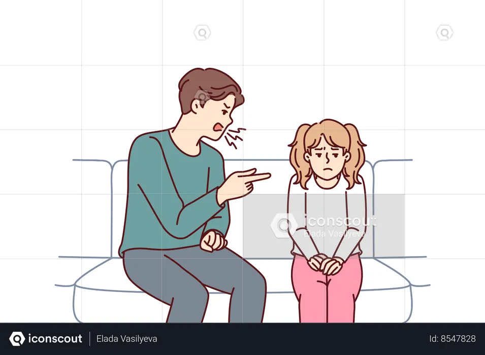 Padre regañando a su hija adolescente por mal comportamiento en la escuela sentada en el sofá  Ilustración