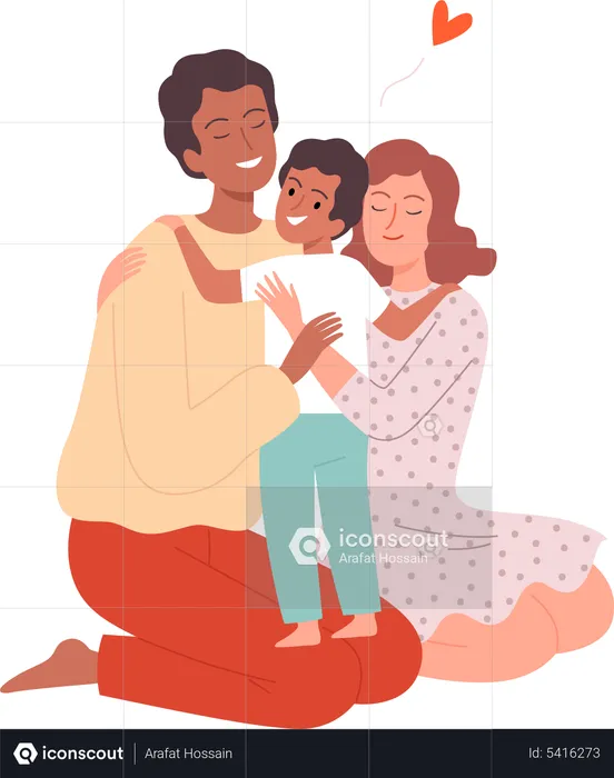 Padre y madre abrazando a niño  Ilustración