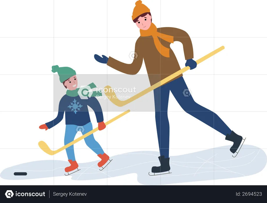 Padre y su hijo jugando hockey sobre hielo.  Ilustración