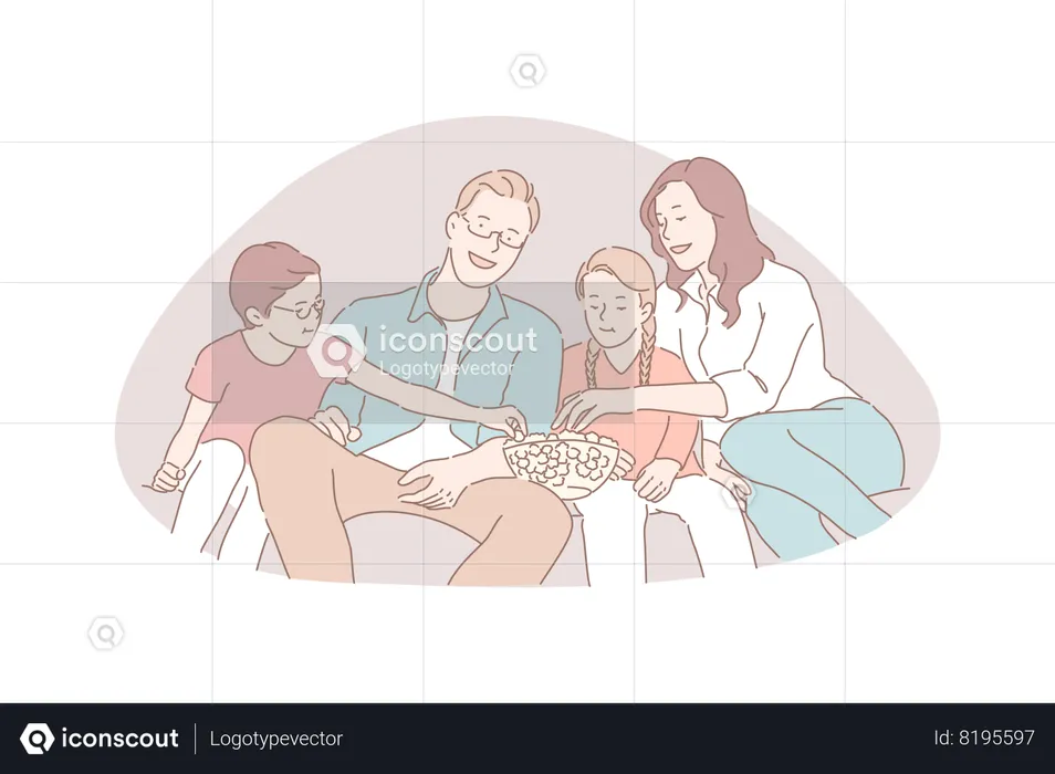 Padres con niños pequeños viendo televisión y comiendo palomitas de maíz  Ilustración
