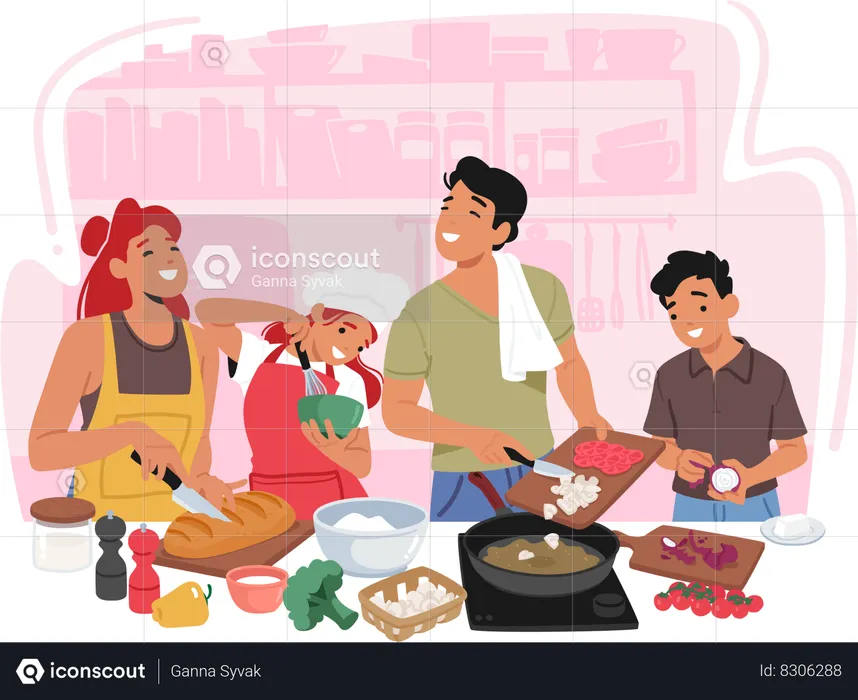 Padres e hijos colaboran en la cocina, compartiendo risas y secretos culinarios  Ilustración