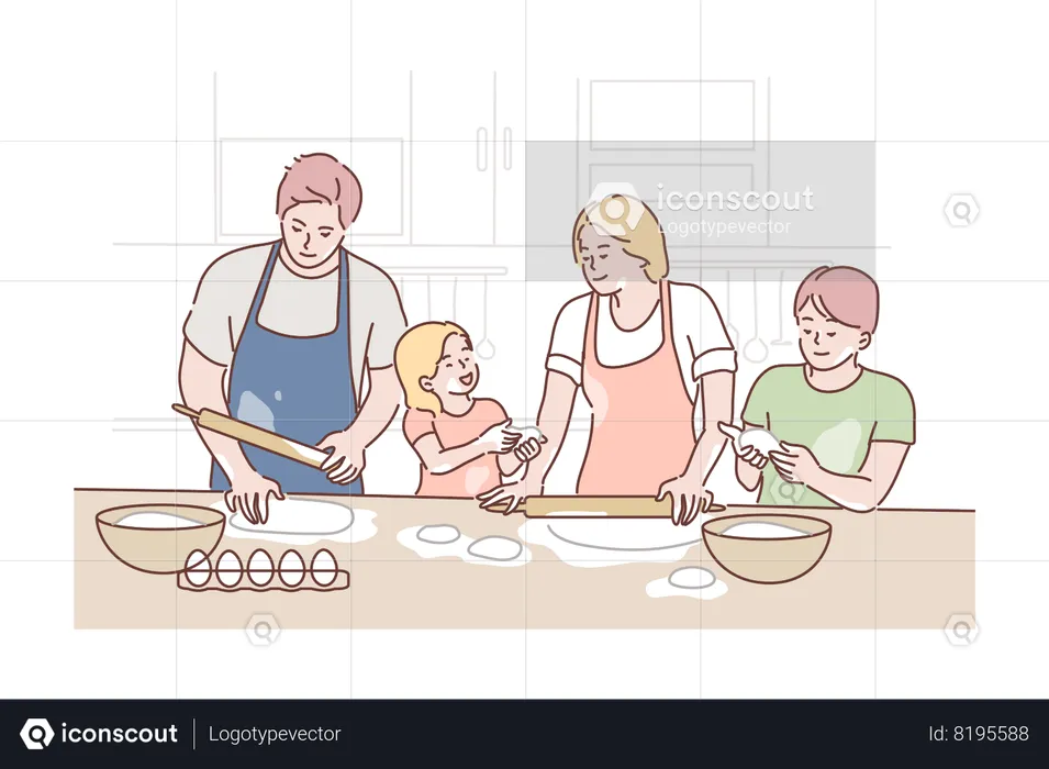 Padres e hijos horneando juntos en la cocina  Ilustración