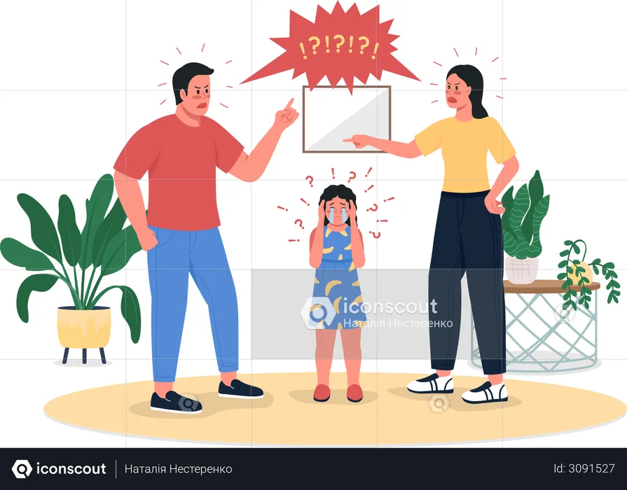 Padres peleando e hija llorando  Ilustración