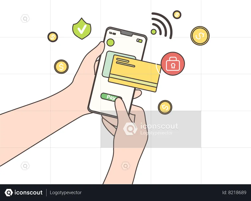 Pagamento com cartão de crédito via carteira eletrônica sem fio por meio de aplicativo bancário  Ilustração