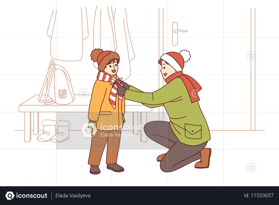 Pai carinhoso ajuda criança a vestir roupas de inverno para não congelar enquanto caminha pela rua fria  Ilustração