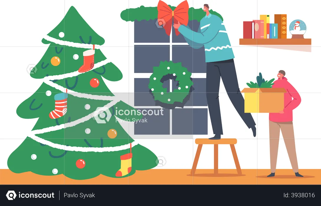 Pai e filho decoram casa  Ilustração