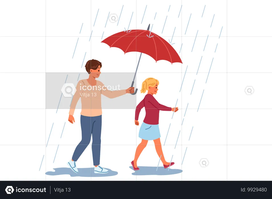 Pai carinhoso protege filha da chuva usando guarda-chuva  Ilustração