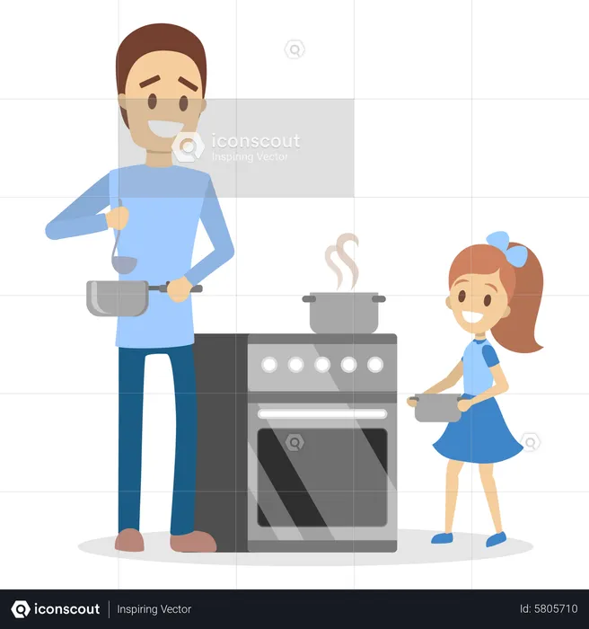 Pai e filha cozinhando jantar ou almoço em casa  Ilustração