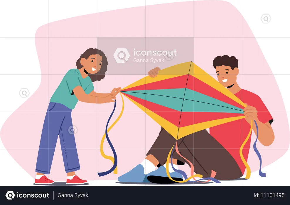 Pai e filha fazendo uma grande pipa de papel  Ilustração