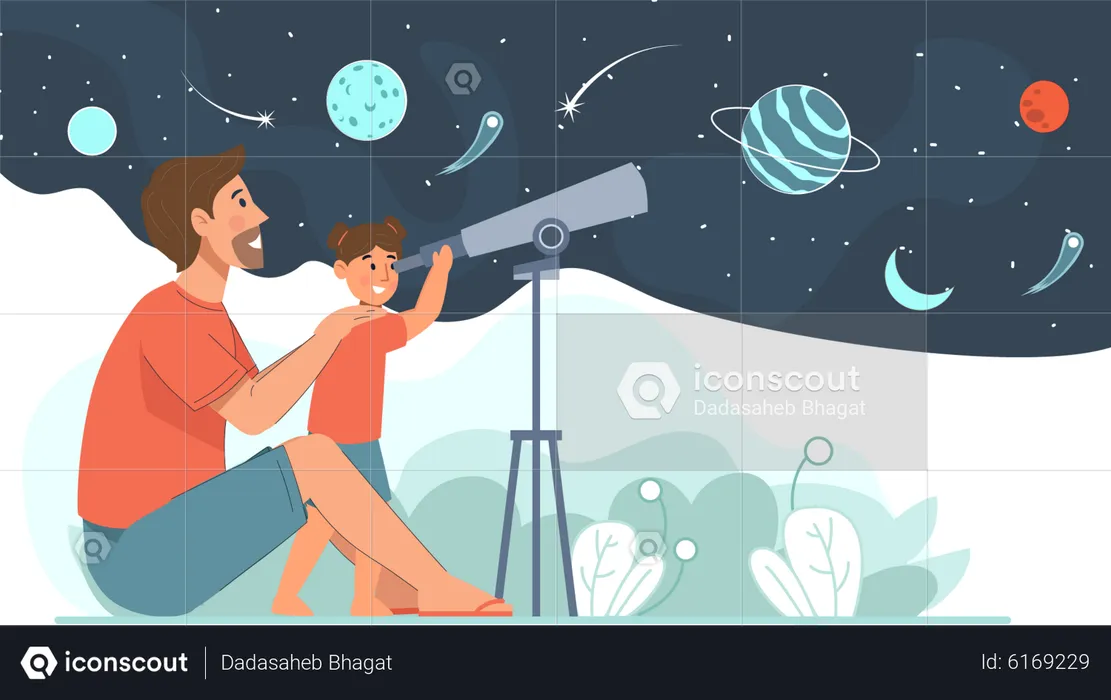 Pai e filha vendo o espaço usando telescópio  Ilustração