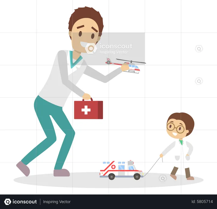 Pai e filho brincando de médico  Ilustração