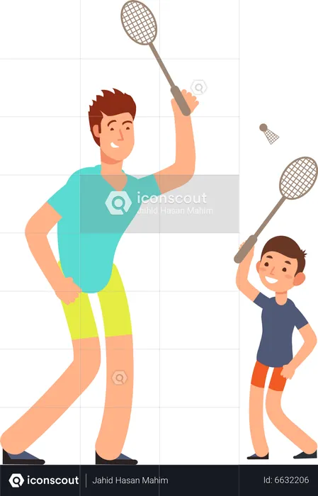 Pai e filho jogando badminton  Ilustração