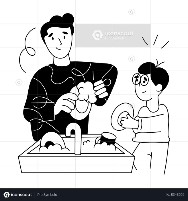 Pai e filho lavando louça  Ilustração
