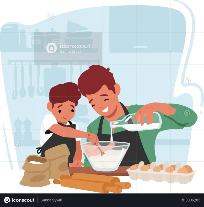 Personagens da família pai e filho cozinham alegremente lado a lado  Ilustração