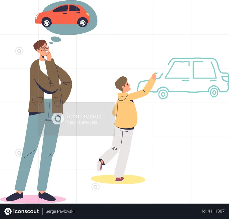 Pai e filho sonhando com carro  Ilustração