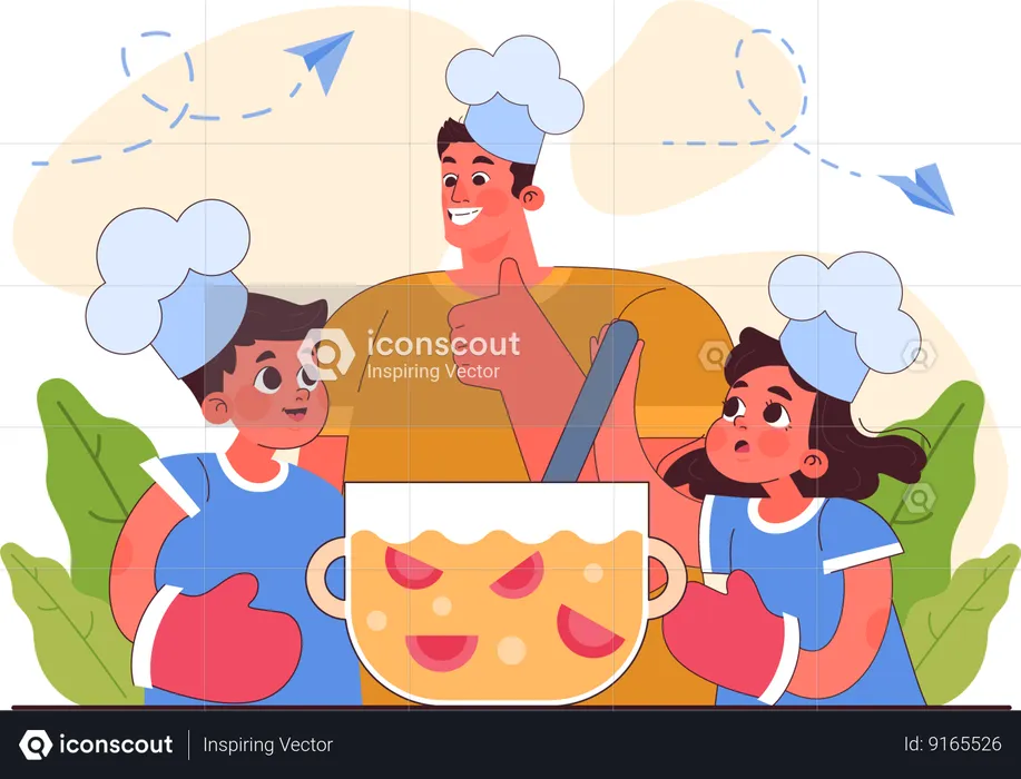 Pai ensinando a cozinhar para seus filhos  Ilustração