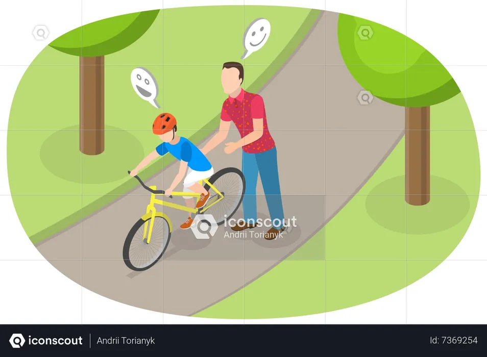 Pai ensinando ciclismo para filho  Ilustração