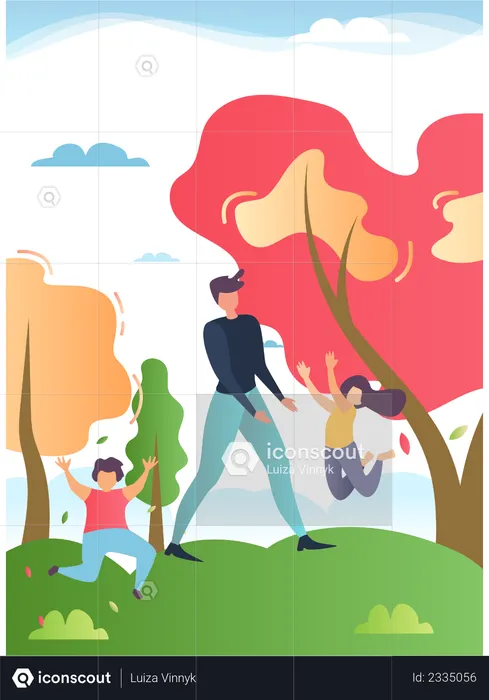 Pai, filho e filha brincando no jardim  Ilustração